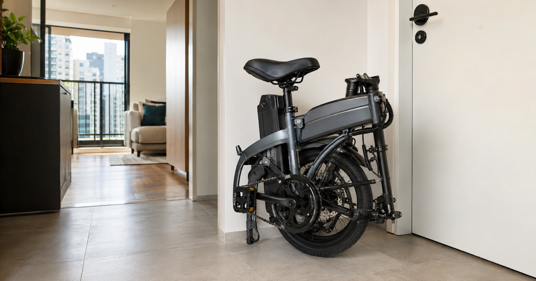 Bicicleta elétrica dobrável guardada em apartamento no Brasil
