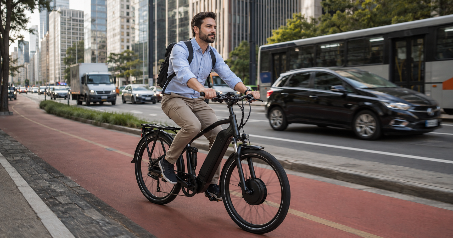 Bicicleta elétrica urbana no trajeto para o trabalho em cidade brasileira