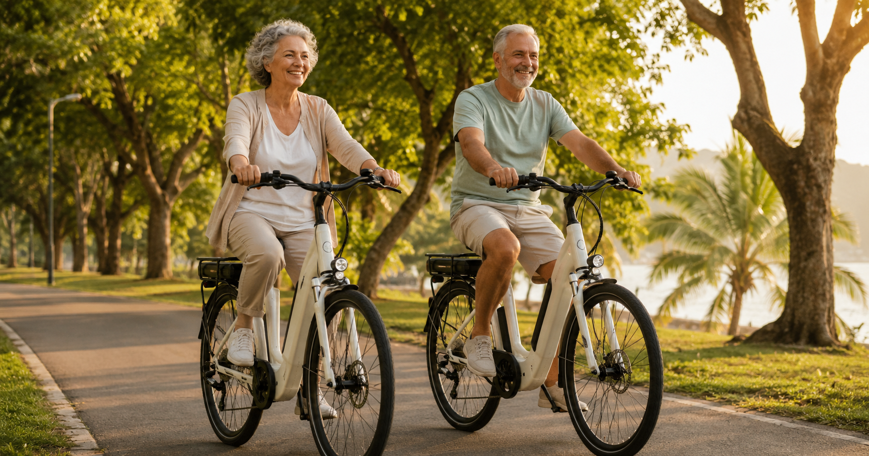 Casal de idosos pedalando bicicleta elétrica com quadro baixo no Brasil