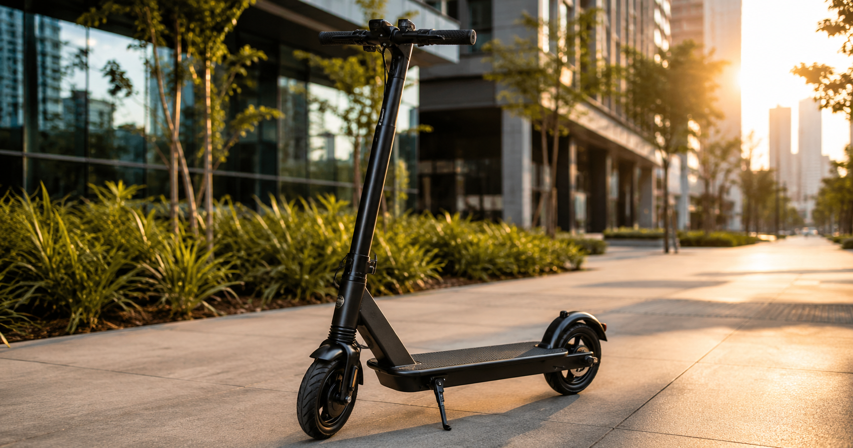 Patinete elétrico adulto dobrável estacionado em calçada urbana brasileira