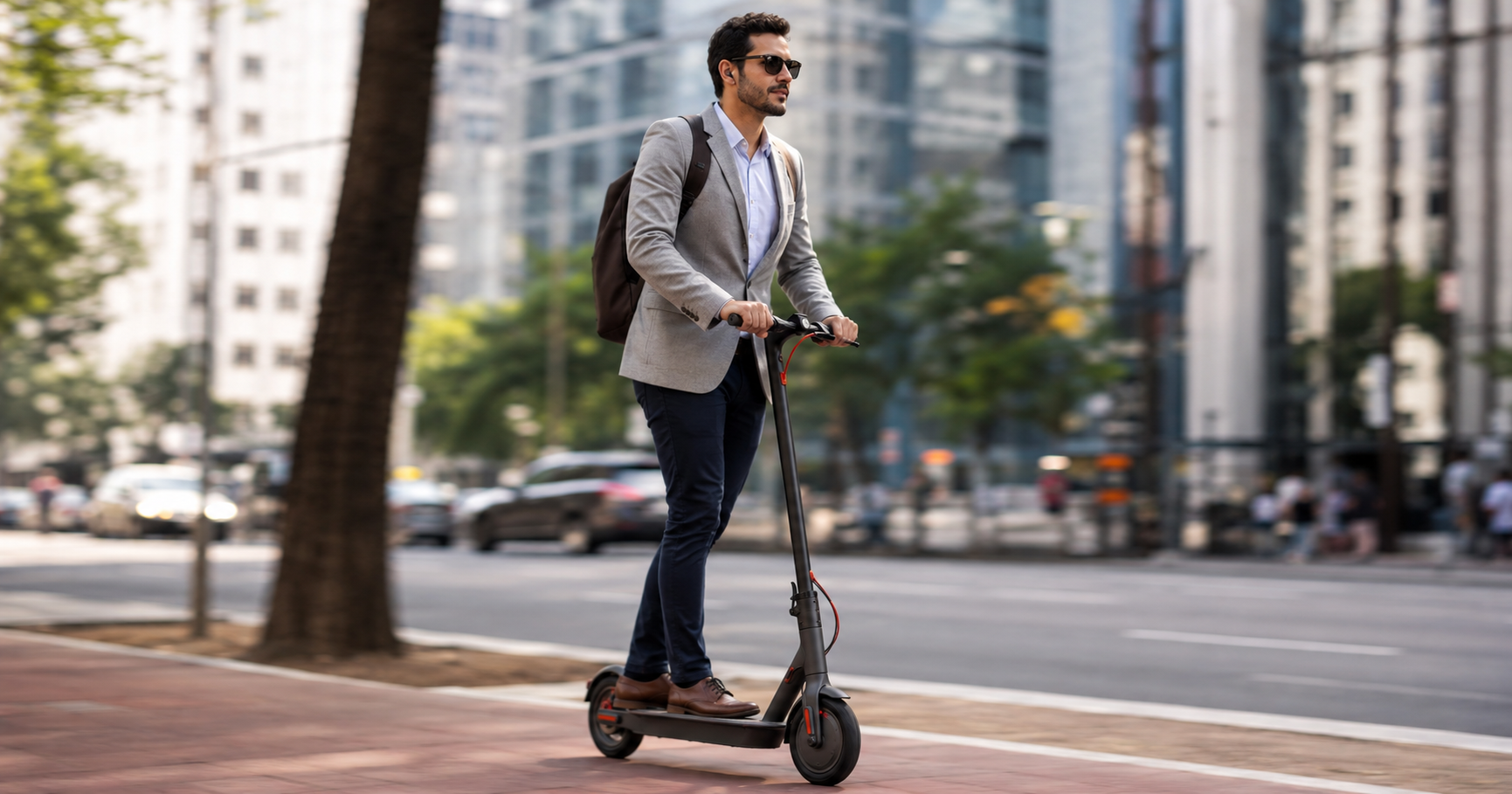 Profissional indo ao trabalho de patinete elétrico em via urbana
