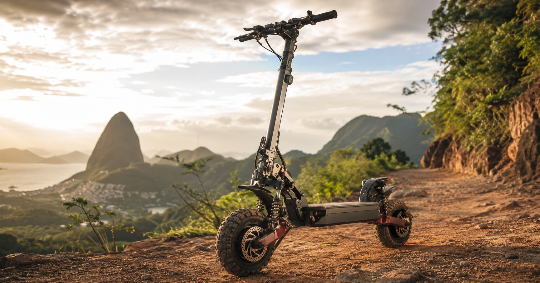 Patinete elétrico off-road com pneus robustos em trilha de terra