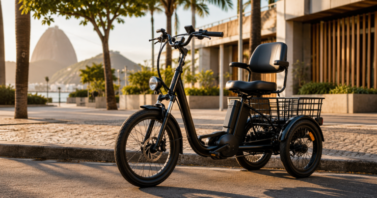 Triciclo elétrico adulto de três rodas estacionado em rua urbana brasileira