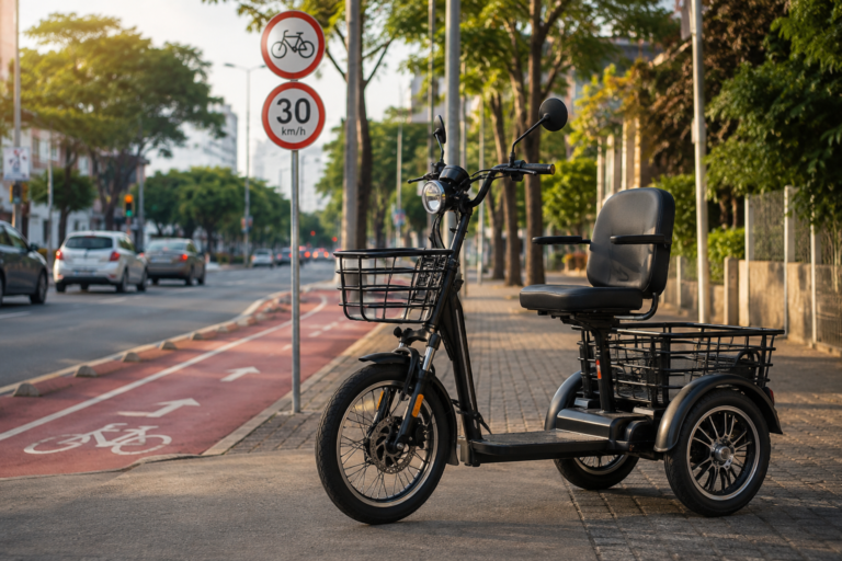 Triciclo elétrico em ciclovia urbana ilustrando legislação e habilitação
