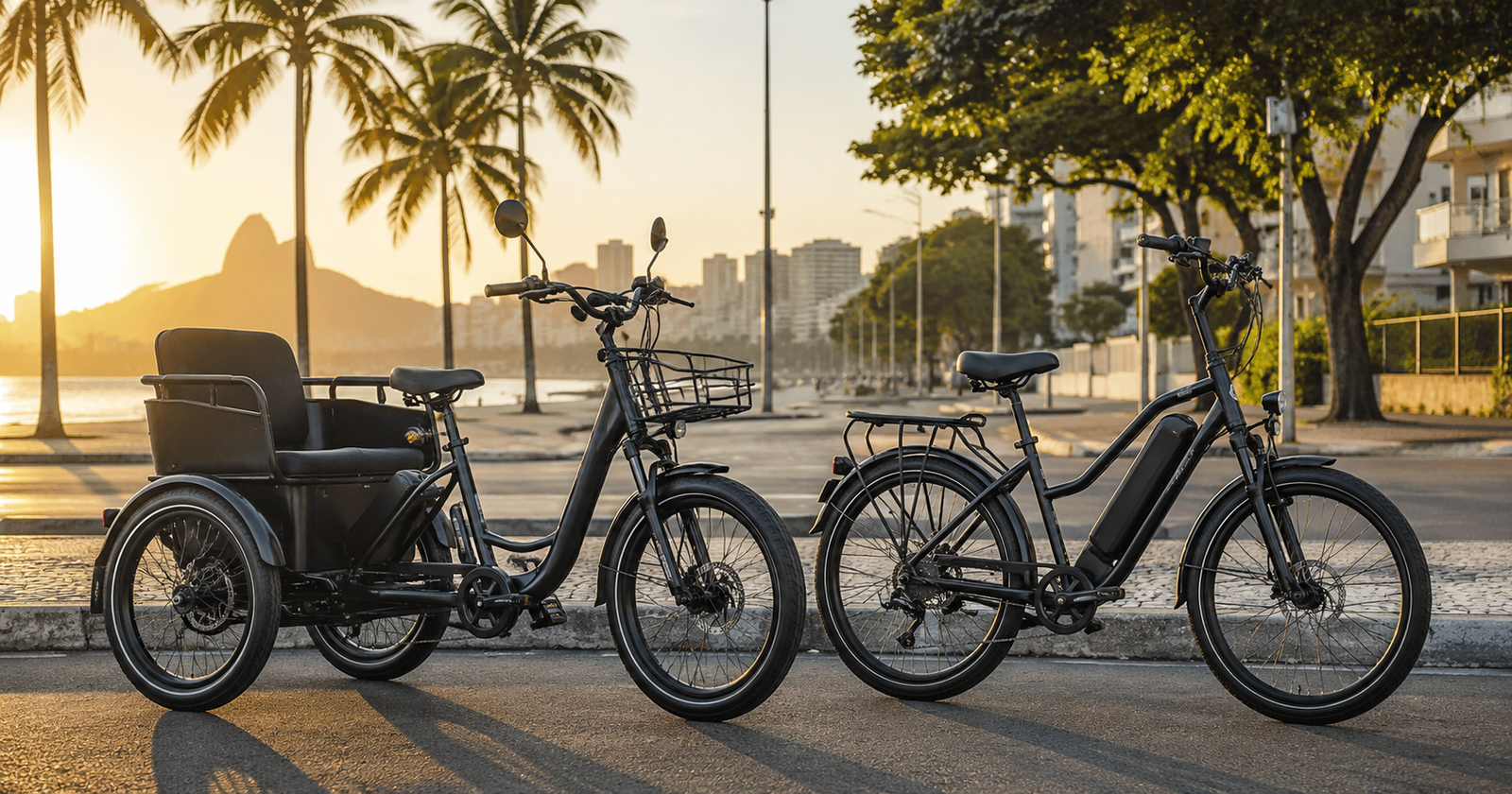 Comparação entre triciclo elétrico e bicicleta elétrica em via urbana