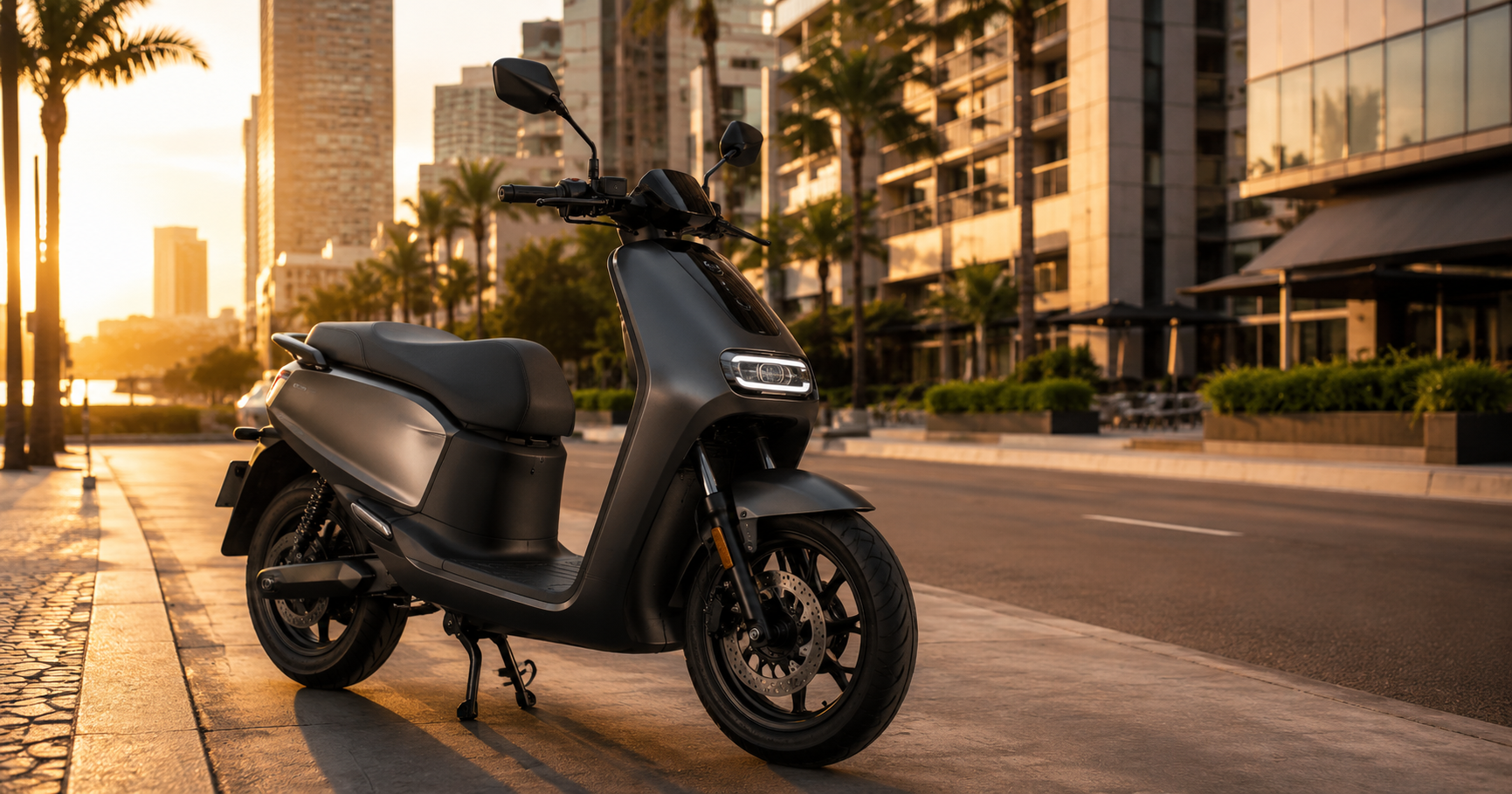 Scooter elétrica adulto estilo motoneta estacionada em avenida urbana brasileira