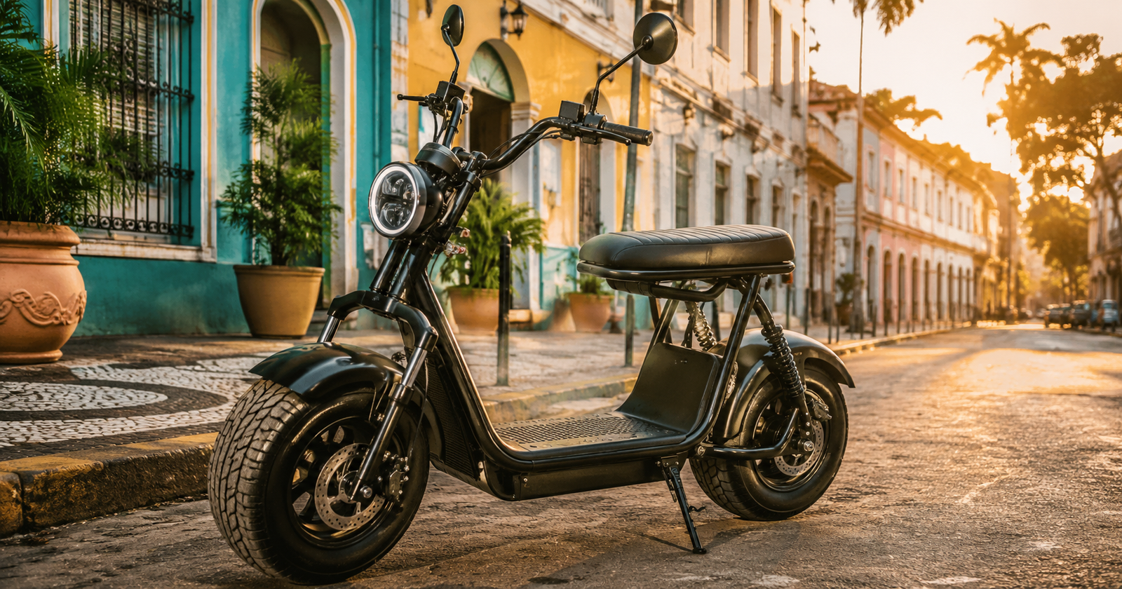Citycoco elétrico com pneus largos estacionado em rua urbana
