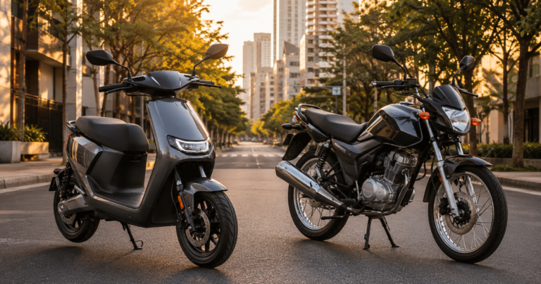 Scooter elétrica ao lado de moto a gasolina em comparação urbana