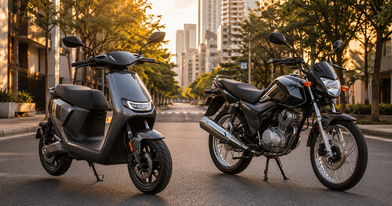 Scooter elétrica ao lado de moto a gasolina em comparação urbana