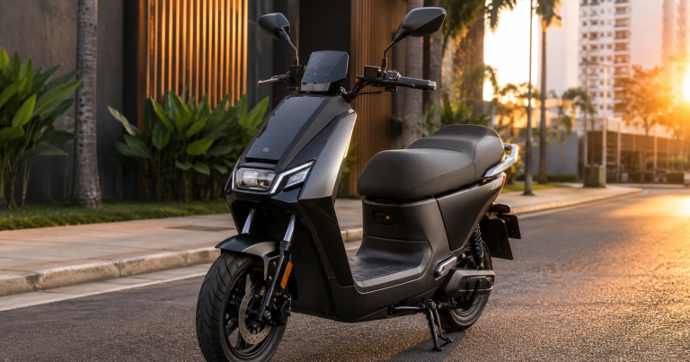 Scooter elétrica com banco confortável estacionada em via urbana
