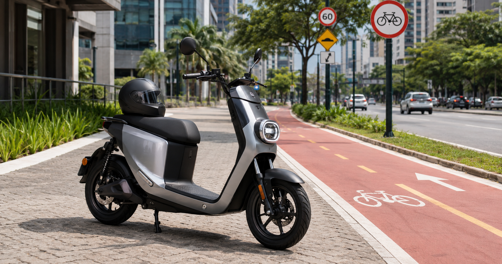 Scooter elétrica autopropelido com capacete ilustrando a legislação brasileira