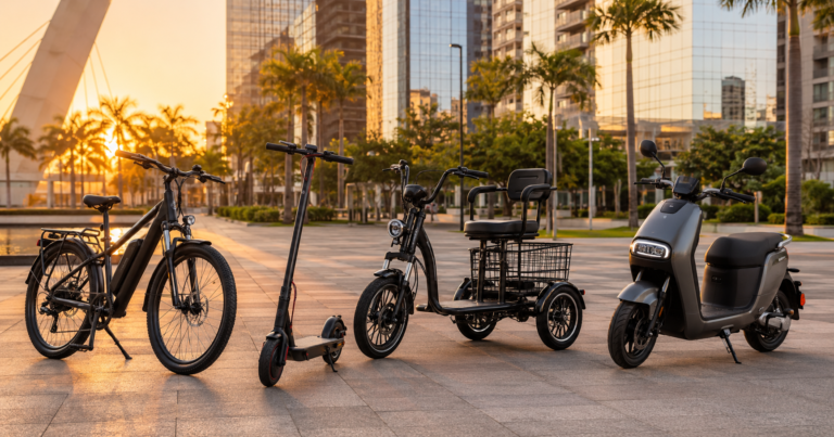 Diferentes veículos elétricos para adultos reunidos em praça urbana