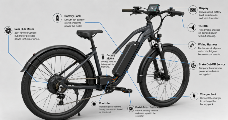 Esquema dos componentes do motor elétrico de bicicleta e patinete