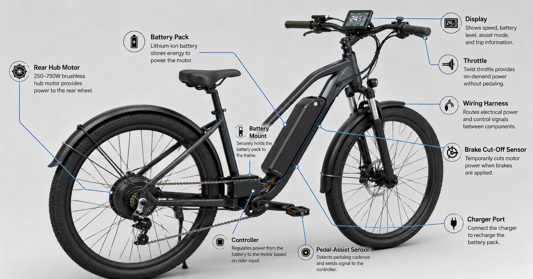 Esquema dos componentes do motor elétrico de bicicleta e patinete