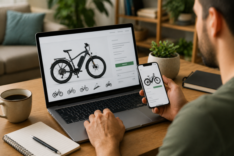 Pessoa pesquisando veículo elétrico para comprar online com segurança