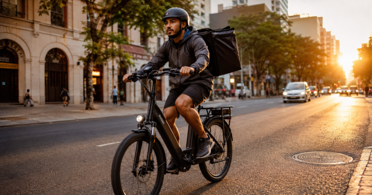 Entregador usando bicicleta elétrica com mochila térmica em via urbana