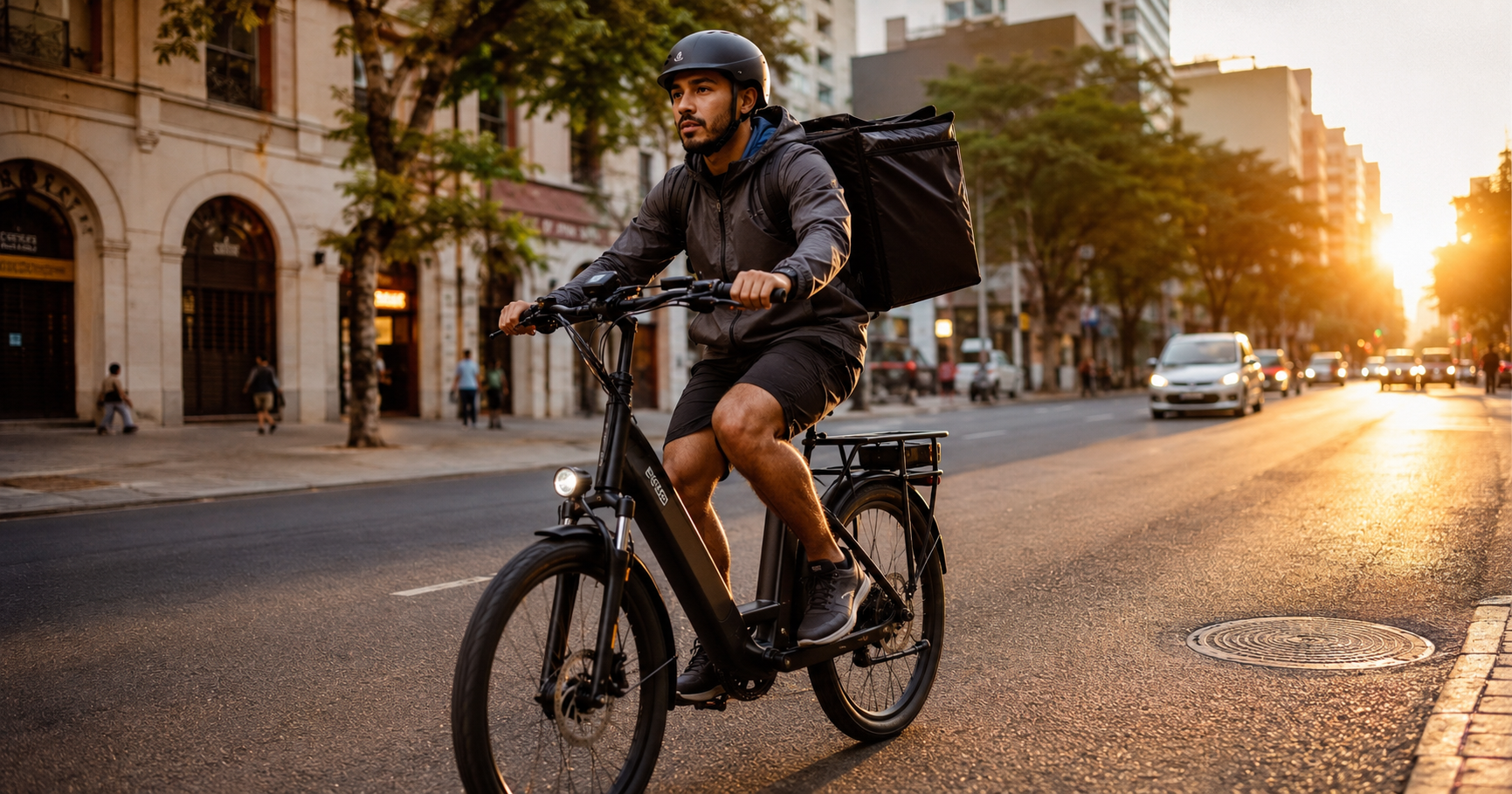 Entregador usando bicicleta elétrica com mochila térmica em via urbana