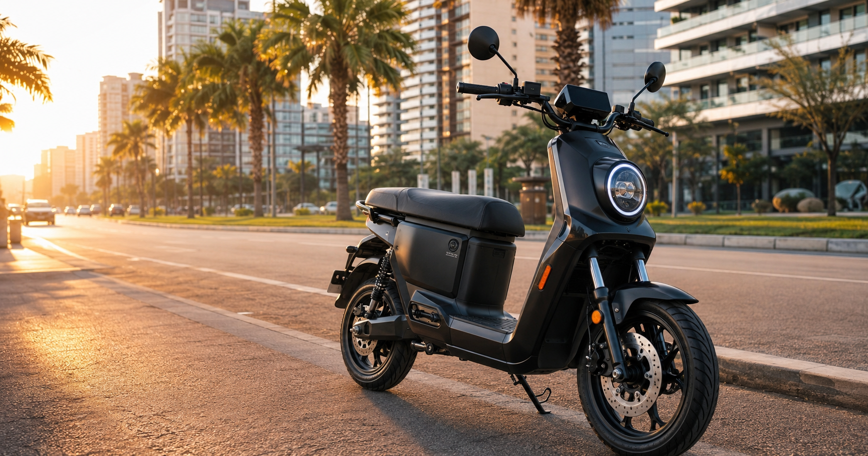 Moto Scooter Elétrica X12 1000W estilo motoneta em avenida urbana