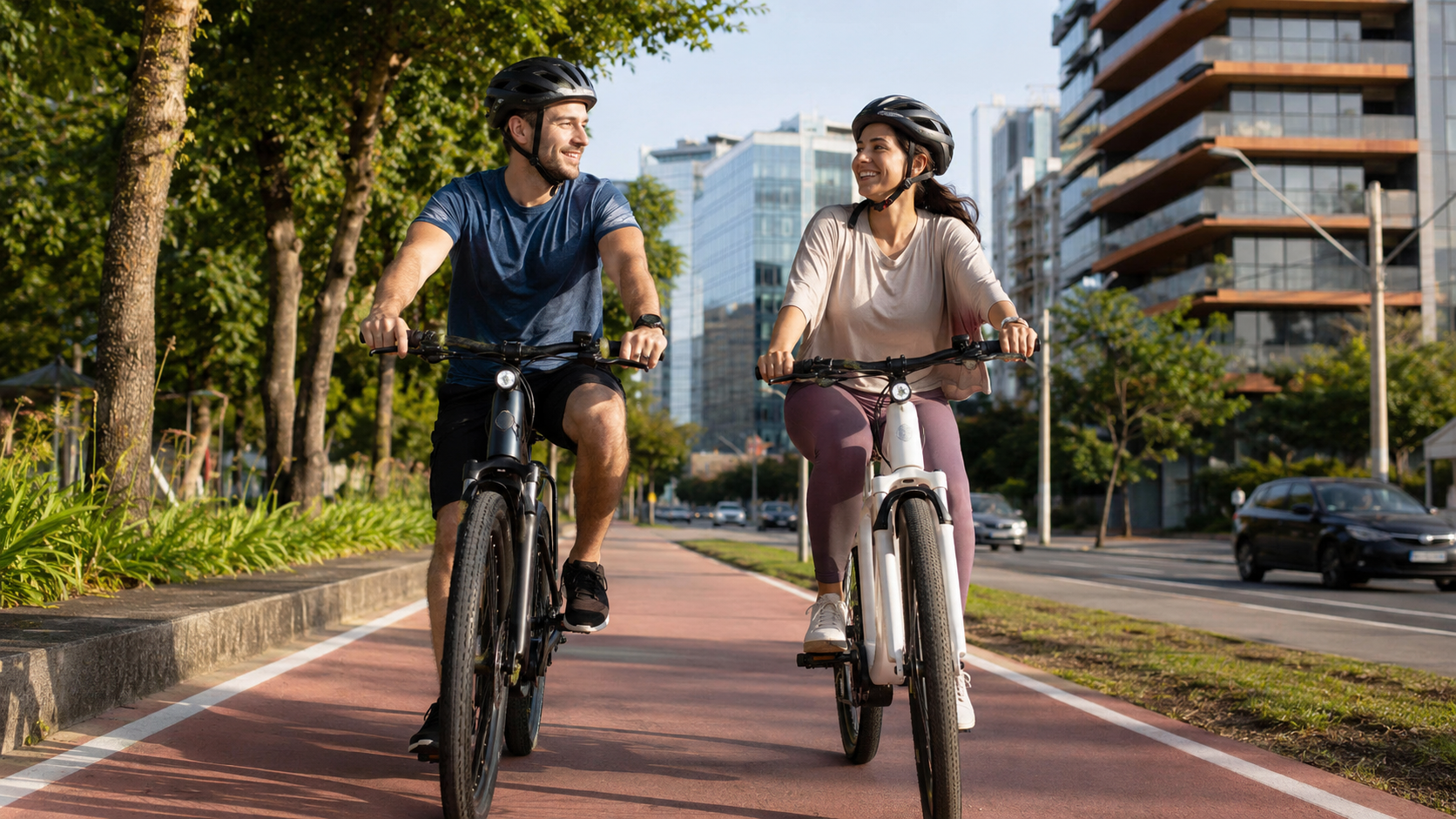 Casal de adultos pedalando bicicleta elétrica em ciclovia urbana no Brasil