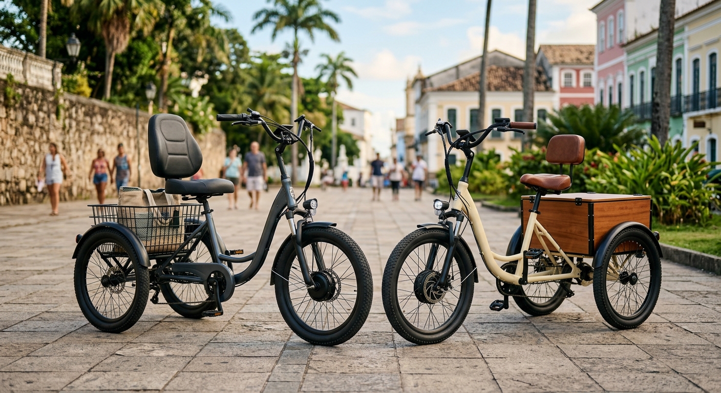 Triciclo elétrico ilustrando Cavalletta T3 800W vs Kompakt 1000W