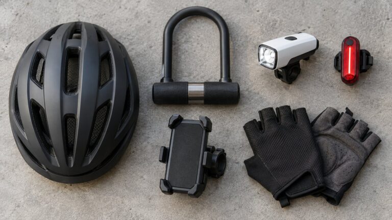 Capacete, trava U-lock, farol, lanterna traseira, suporte de celular e luvas sobre piso de concreto