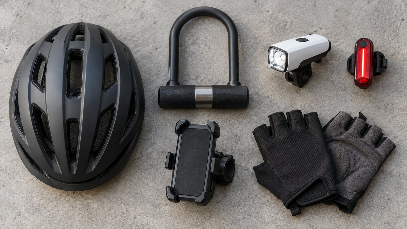 Capacete, trava U-lock, farol, lanterna traseira, suporte de celular e luvas sobre piso de concreto