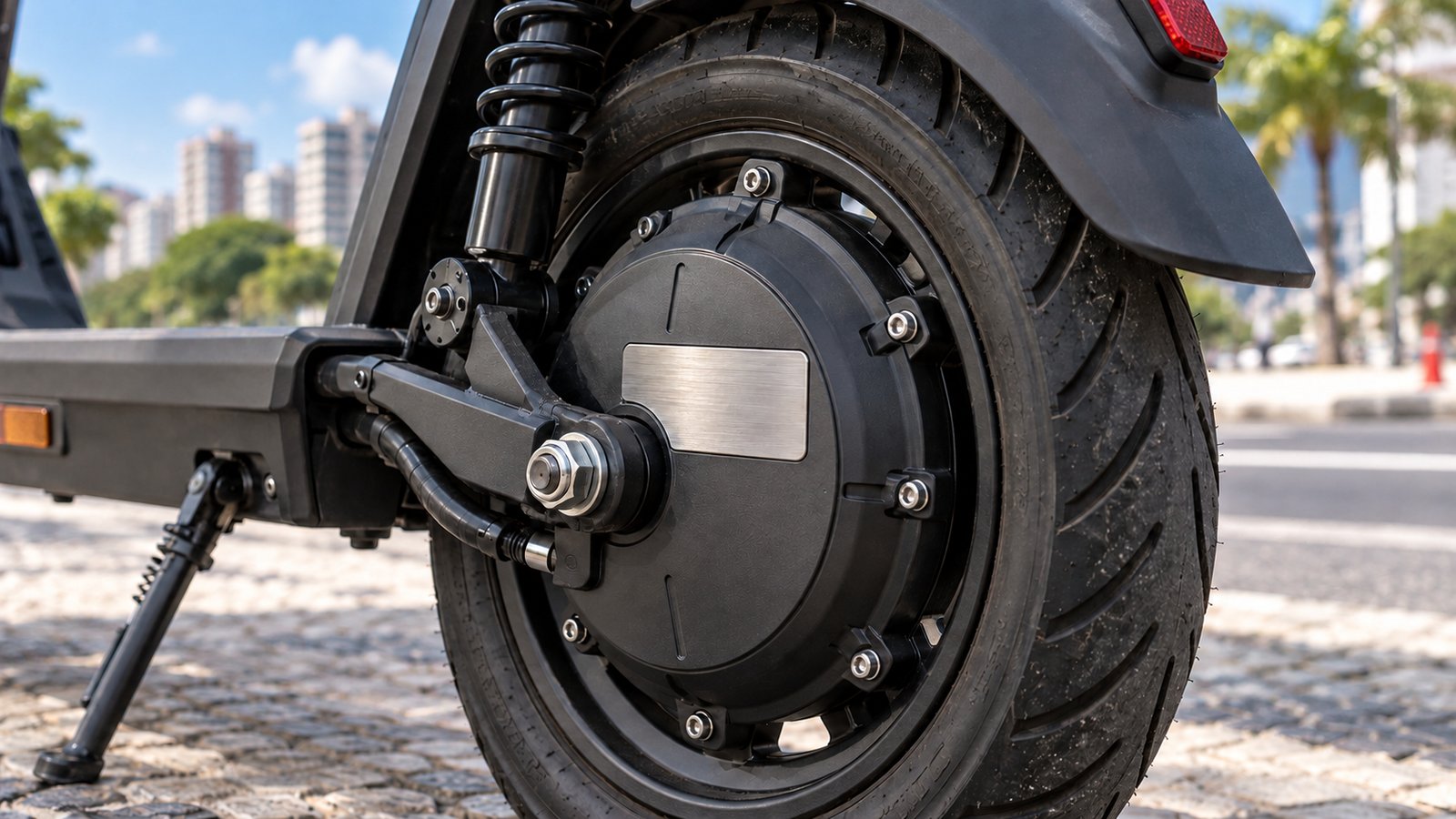Motor no cubo da roda traseira de uma scooter elétrica