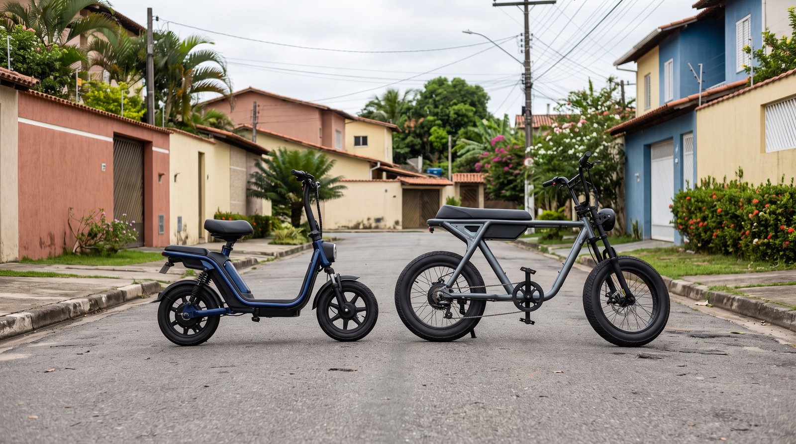 Scooter elétrica compacta ao lado de veículo elétrico maior numa rua residencial