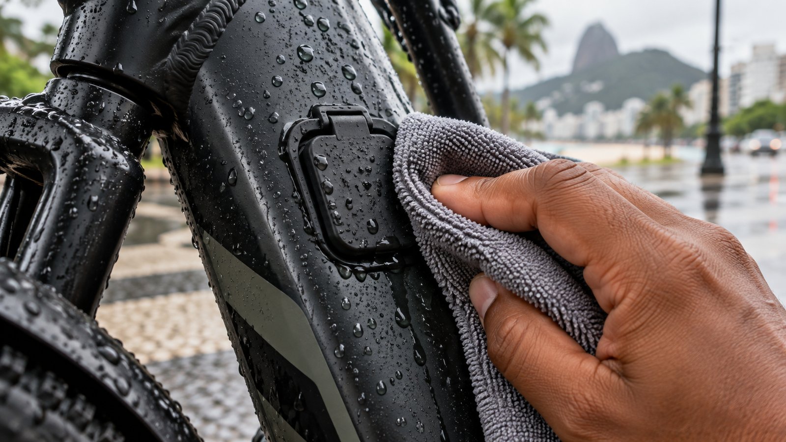 Mão secando a tampa do conector de carga de uma bicicleta elétrica molhada