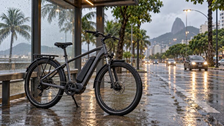Bicicleta elétrica estacionada em ponto de ônibus durante chuva em cidade brasileira