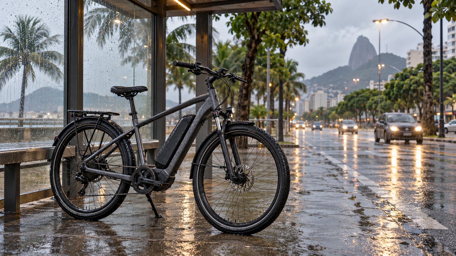 Bicicleta elétrica estacionada em ponto de ônibus durante chuva em cidade brasileira