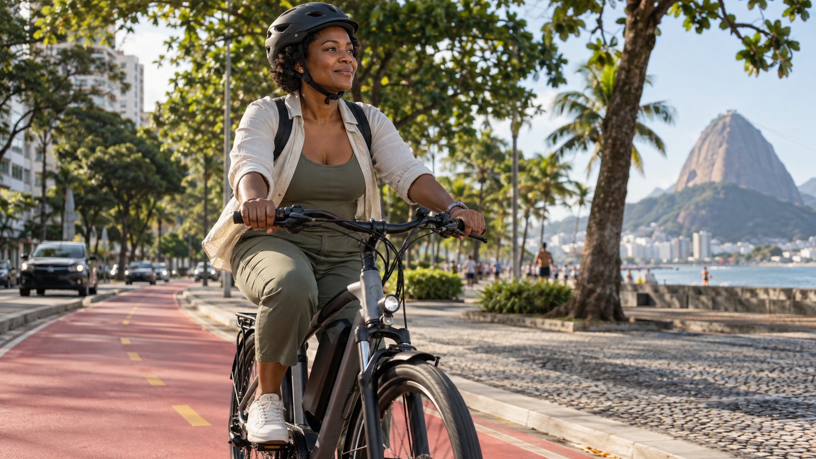 Mulher pedalando bicicleta elétrica em ciclovia, sem precisar de CNH