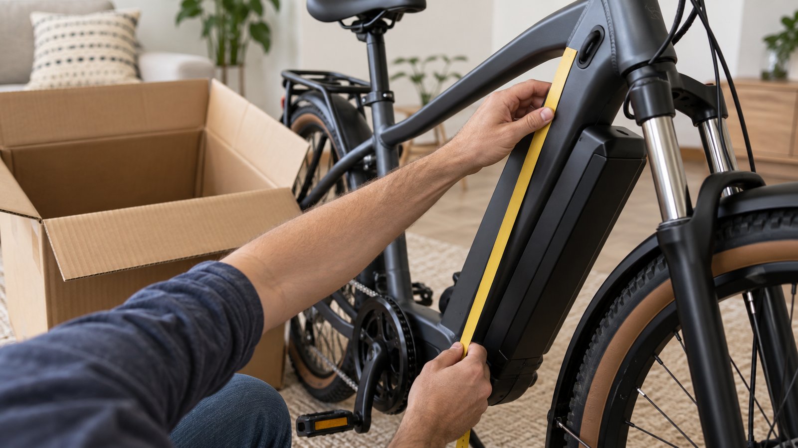Mãos medindo o quadro de uma bicicleta elétrica ao lado da caixa de entrega aberta