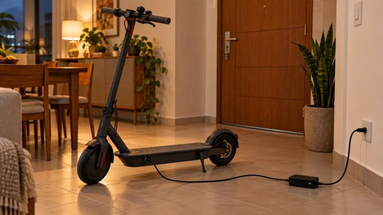 Patinete elétrico carregando no piso de cerâmica de um apartamento