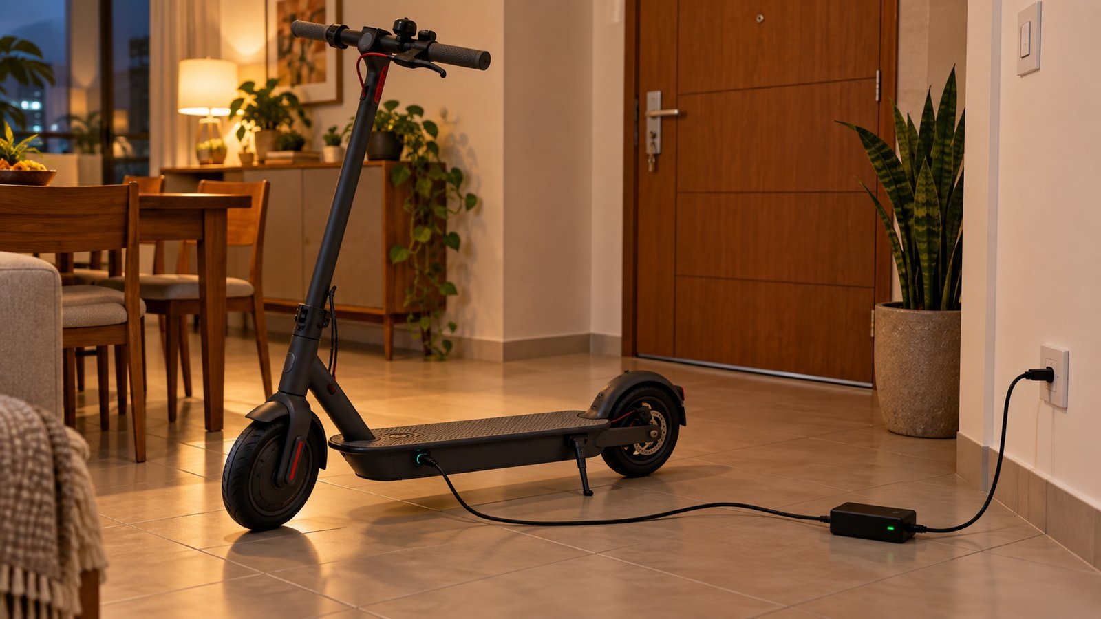 Patinete elétrico carregando no piso de cerâmica de um apartamento
