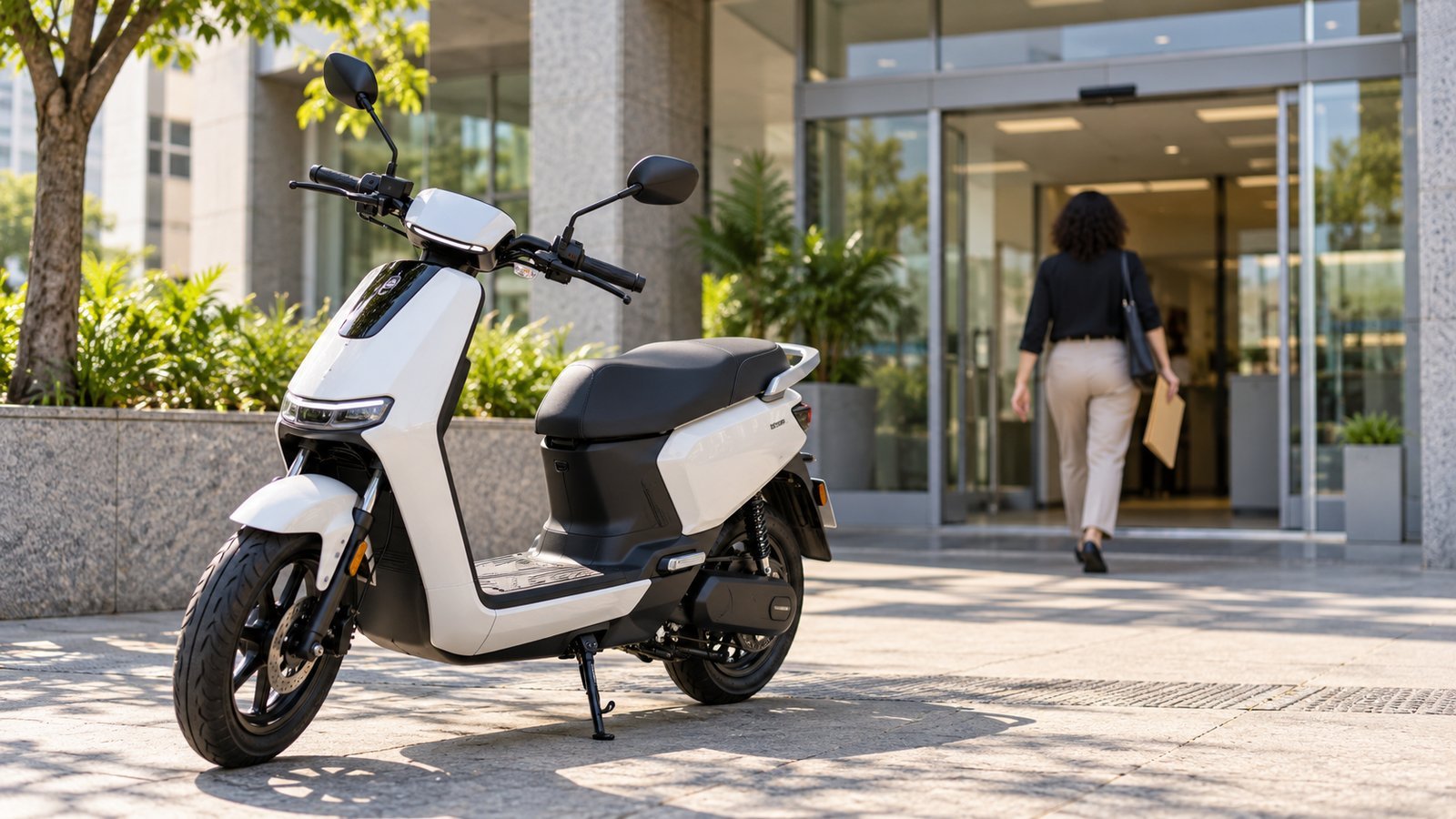 Ciclomotor elétrico estacionado em frente a prédio de atendimento público
