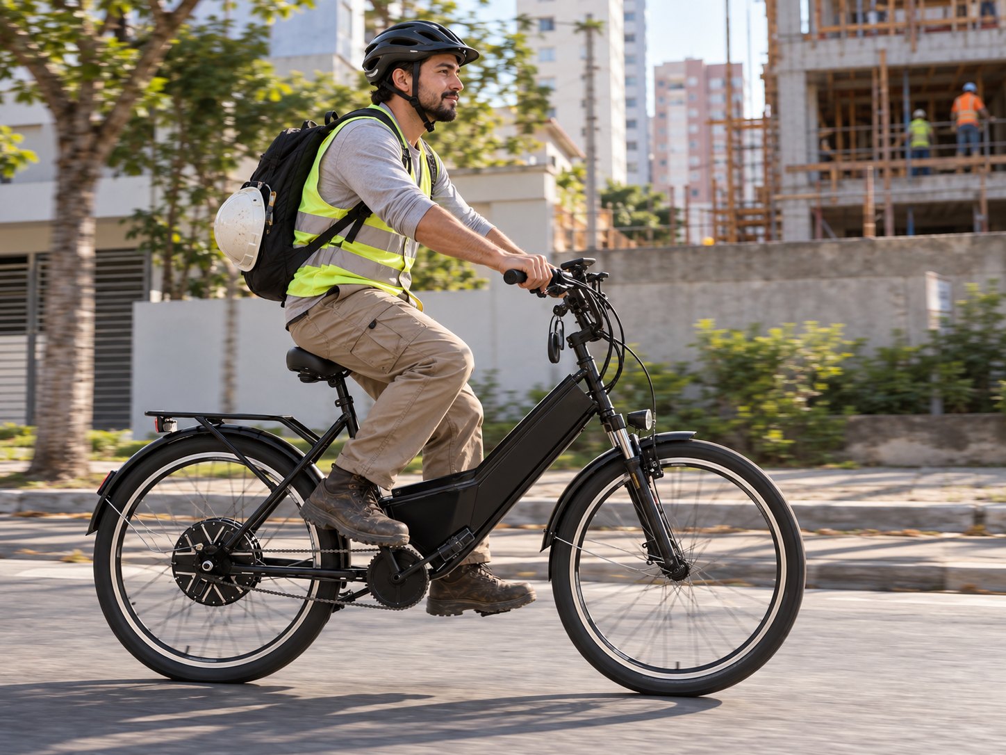 Homem de capacete e colete refletivo pedalando bicicleta elétrica preta com bagageiro em rua urbana