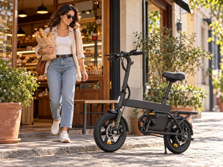 Mulher com sacola de pães ao lado de bicicleta elétrica dobrável preta estacionada em frente a uma padaria