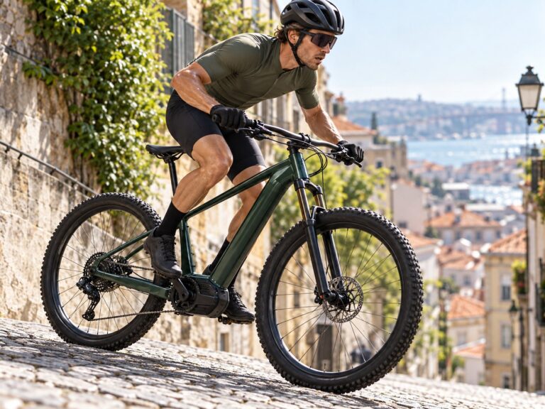 Ciclista de capacete subindo rua de pedra em mountain bike elétrica verde-escura, com a cidade ao fundo