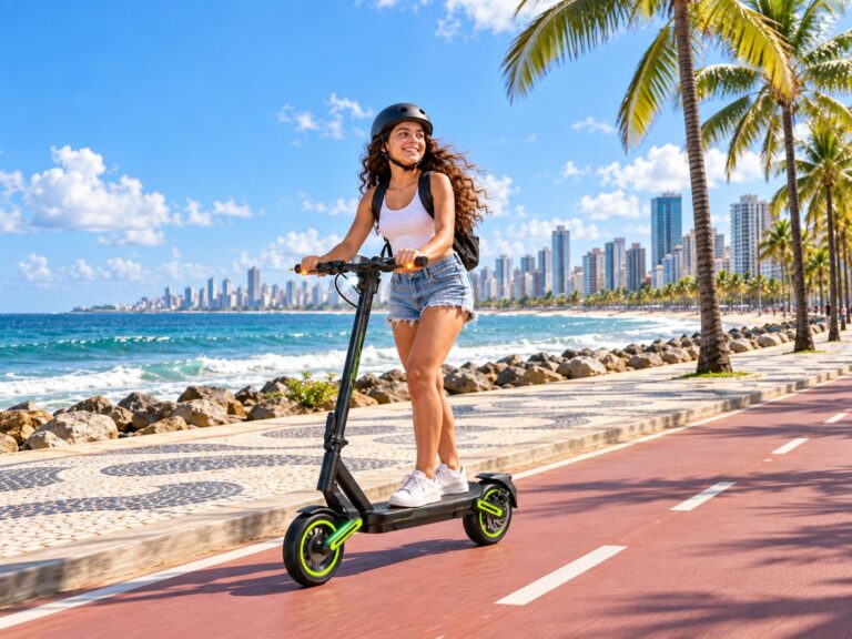 Jovem de capacete andando de patinete elétrico preto com detalhes verdes em ciclovia à beira-mar
