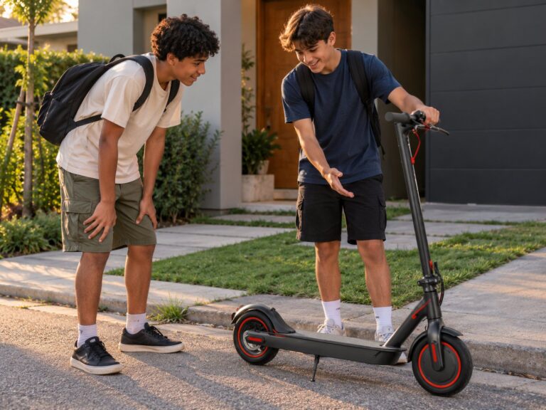 Dois jovens olhando um patinete elétrico dobrável preto parado na calçada