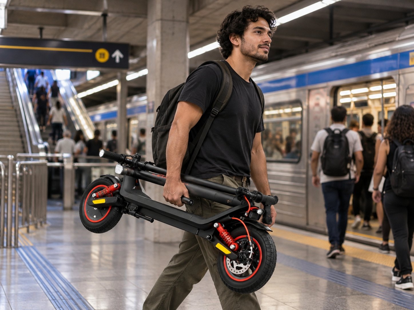 Rapaz carregando patinete elétrico dobrado em estação de metrô