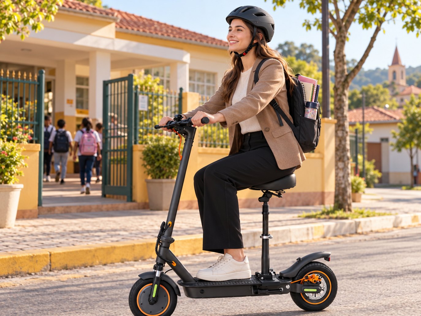 Mulher de capacete sentada em patinete elétrico com assento, passando em frente a uma escola