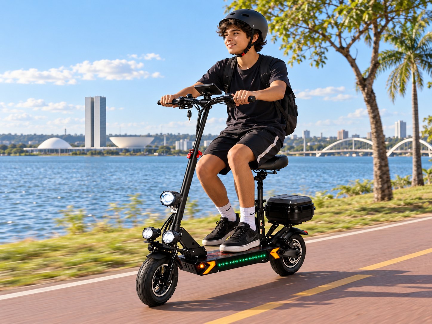 Rapaz de capacete em patinete elétrico com banco e baú em ciclovia à beira do lago