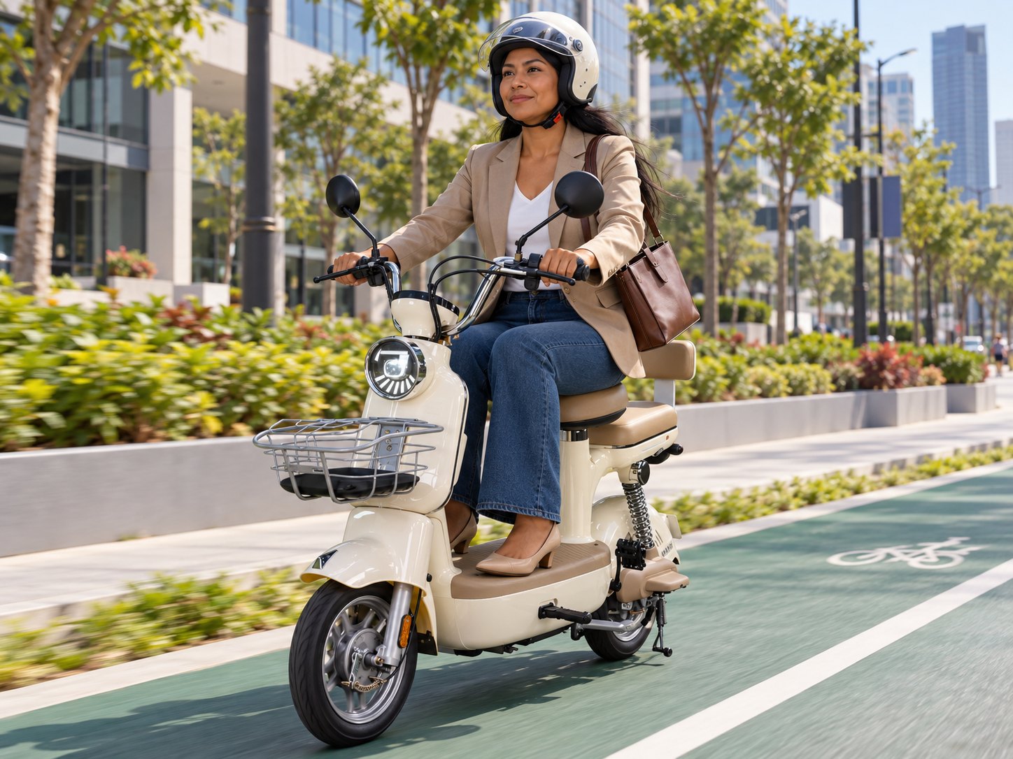 Mulher de capacete pilotando scooter elétrica creme com cesta dianteira em ciclovia urbana