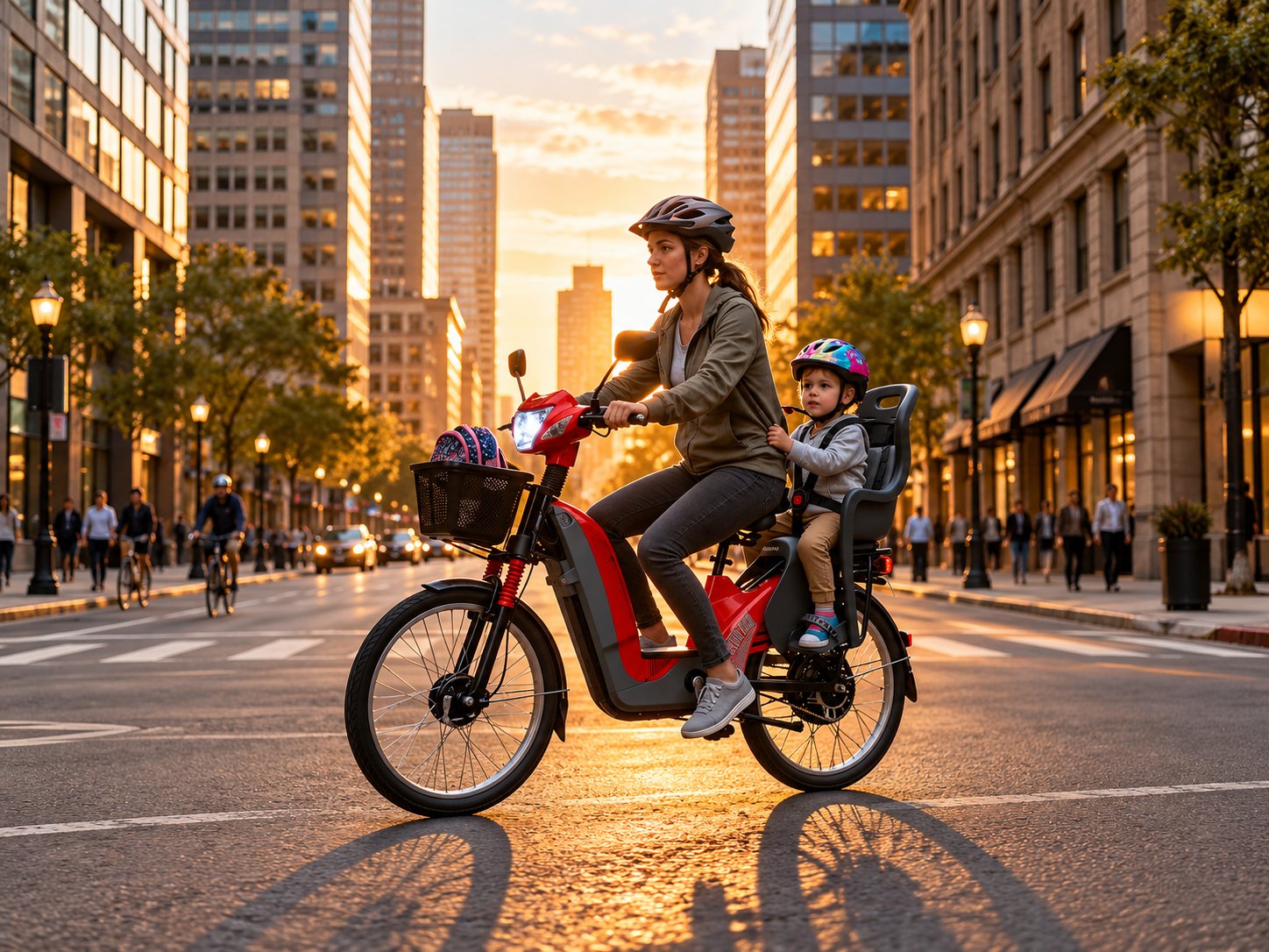 Mulher de capacete pilotando bicicleta elétrica vermelha estilo scooter com cesta, com criança de capacete em cadeirinha infantil na garupa, em avenida ao pôr do sol