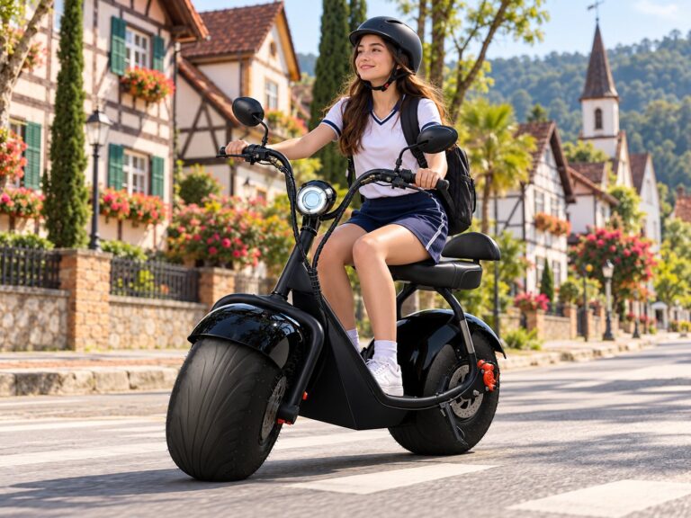 Moça de capacete pilotando scooter elétrica preta de pneus largos em rua de casas enxaimel