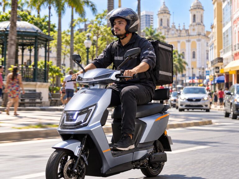 Entregador de capacete com baú pilotando scooter elétrica prata em avenida de cidade histórica
