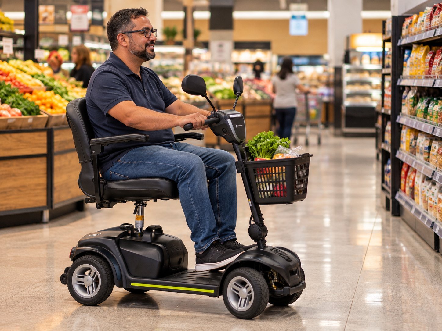 Homem em scooter de mobilidade de quatro rodas com cesta de compras no corredor do supermercado