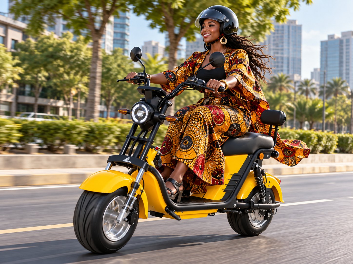 Mulher de capacete e vestido estampado pilotando scooter elétrica amarela de pneus largos em avenida